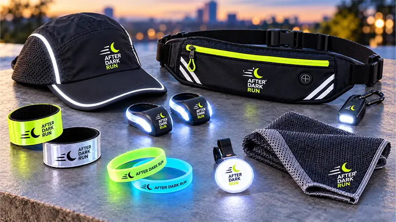 Night run accessories with reflective gear, LED products, running belts, and safety items