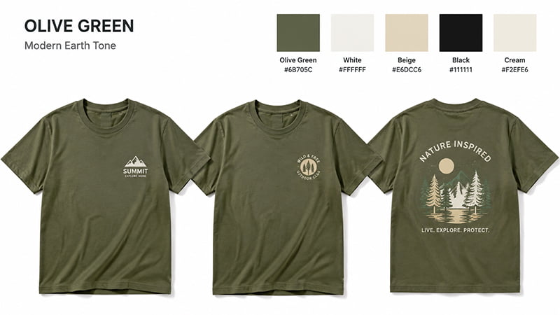 Olive green T-shirts with white, cream, beige, and black logo color options