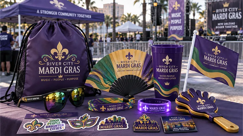 Outdoor Mardi Gras event set with a drawstring bag, hand fan, reusable cup, sunglasses, wristband, mini flag, hand clapper, and small giveaways.