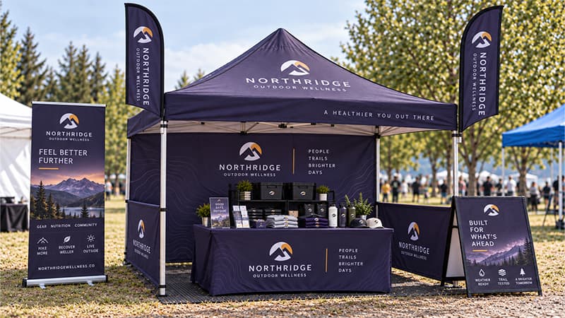 Outdoor vendor booth set up on grass with products shaded under a canopy, alongside feather flags, a retractable banner, and an A-frame sign.