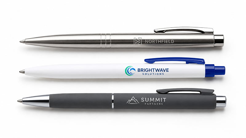 Laser engraving on a metal pen and printed designs on plastic and soft-touch pens