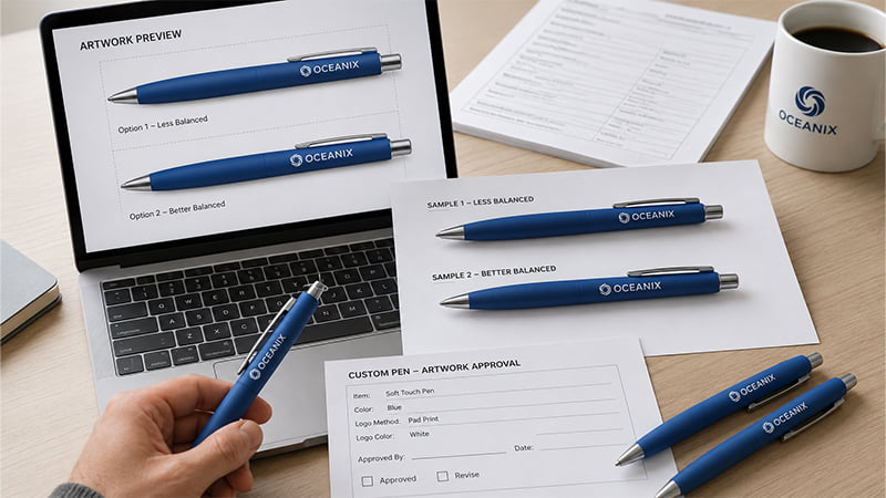 A physical pen sample checked against two logo placements and an artwork approval form