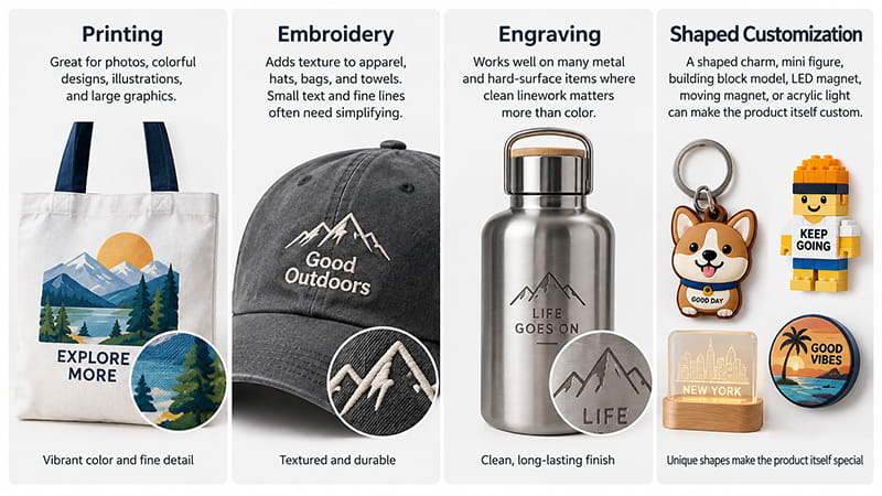 Comparison of personalized gifts using printing, embroidery, engraving, and shaped customization on a tote, cap, bottle, and custom objects.