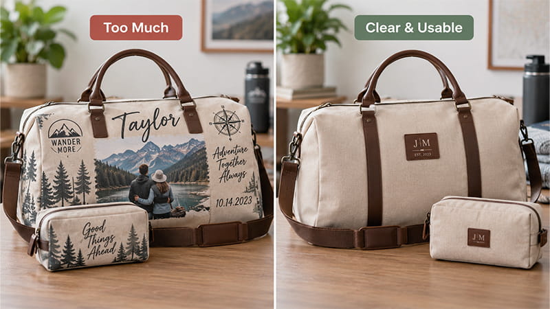 Side-by-side comparison of an overdecorated personalized travel bag and a cleaner version using only initials and restrained branding.
