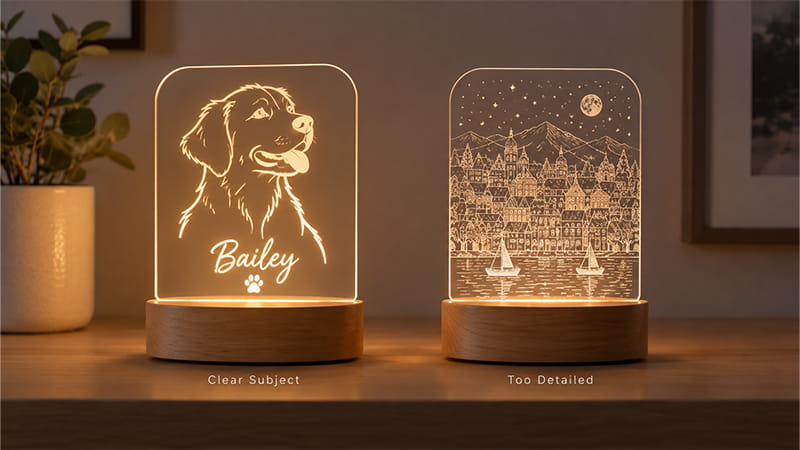 Two illuminated acrylic night lights showing a clear pet portrait design beside a more detailed illustrated scene.