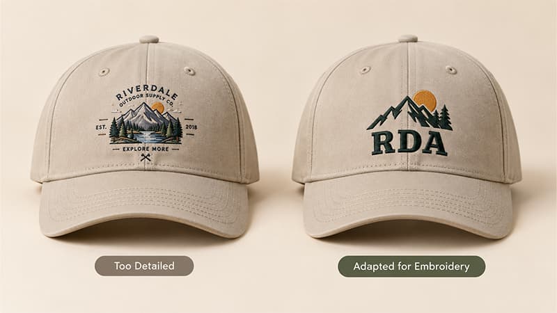 Side-by-side personalized caps comparing a detailed embroidered graphic with a simplified mountain-and-initials design adapted for embroidery.