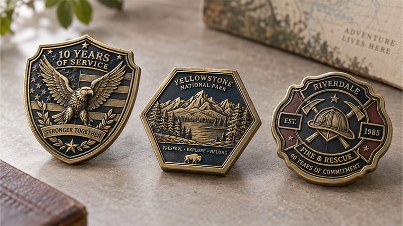 Custom metal challenge coins featuring service years, destination artwork, organization emblems, and commemorative text.