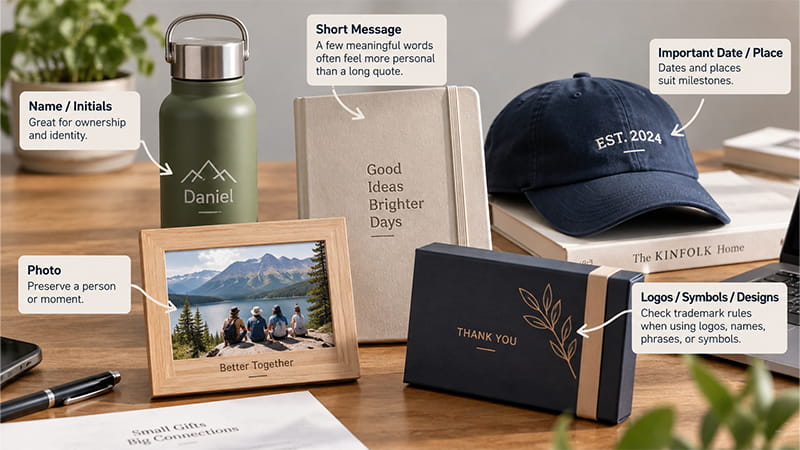 Personalized bottle, notebook, cap, photo frame, and gift box showing names, short messages, dates, photos, and logo or symbol customization.