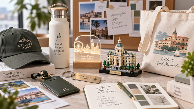Personalized gift ideas including an embroidered cap, custom bottle, acrylic light, luggage tag, building block model, and tote bag.