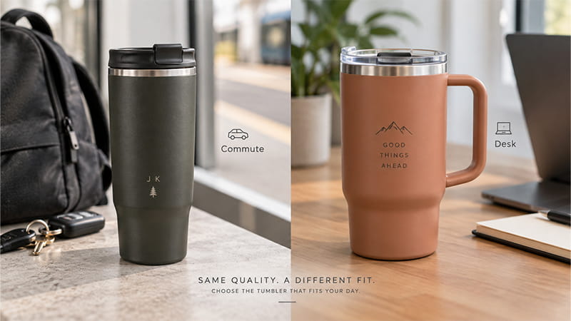 Two personalized insulated tumblers compared for different routines: a slim travel tumbler for commuting and a handled tumbler for desk use.