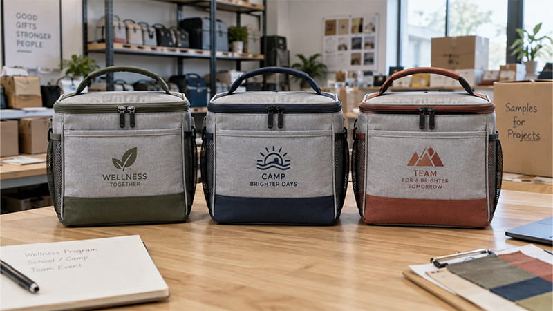 Three insulated lunch boxes personalized with different logos and colors for school, camp, team, or workplace use.