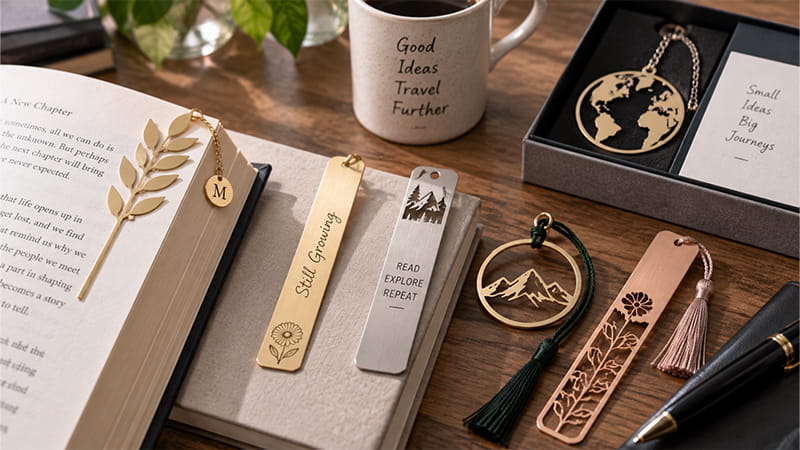 Metal bookmarks personalized with initials, short messages, engraved symbols, cut-out shapes, and decorative tassels.