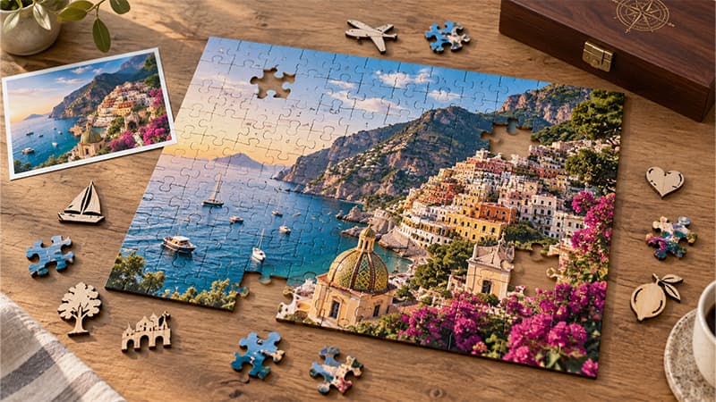 Custom photo puzzle featuring a coastal travel image, with matching reference photo and loose puzzle pieces arranged around it.
