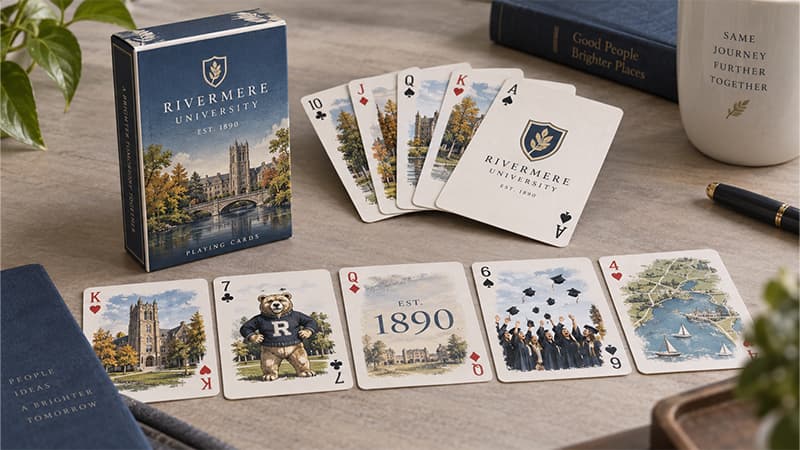 Custom playing card deck featuring university landmarks, a mascot, founding year, and campus-themed artwork across different cards.