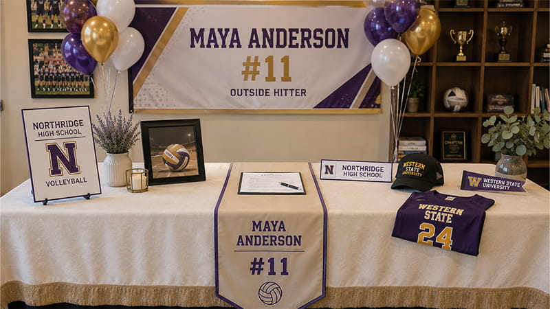 Personalized Signing Day setup repeating the athlete’s name, volleyball position, and jersey number on the banner and table runner