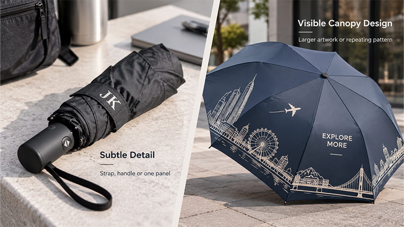 Personalized umbrella showing a subtle monogram on the strap compared with larger illustrated artwork across the canopy.
