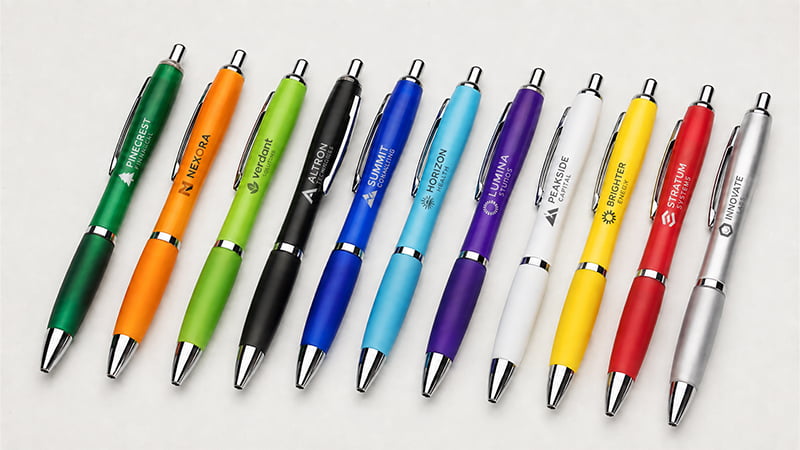 Plastic promotional pens in eleven colors with printed logos