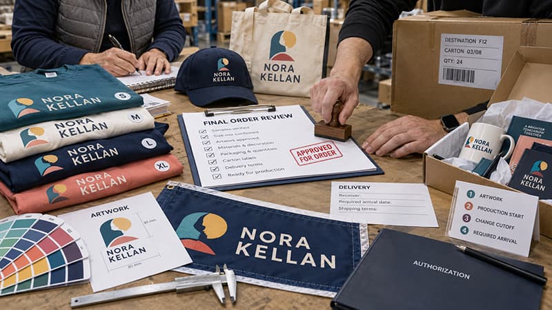 Final review of political campaign merchandise samples, apparel sizes, artwork colors, packaging, carton labels, delivery details, and authorization documents before ordering.