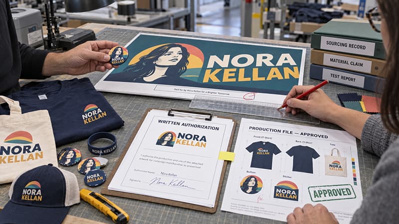 Prepress compliance review for political campaign merchandise showing written authorization, disclaimer measurement, approved production artwork, sourcing records, and physical samples.