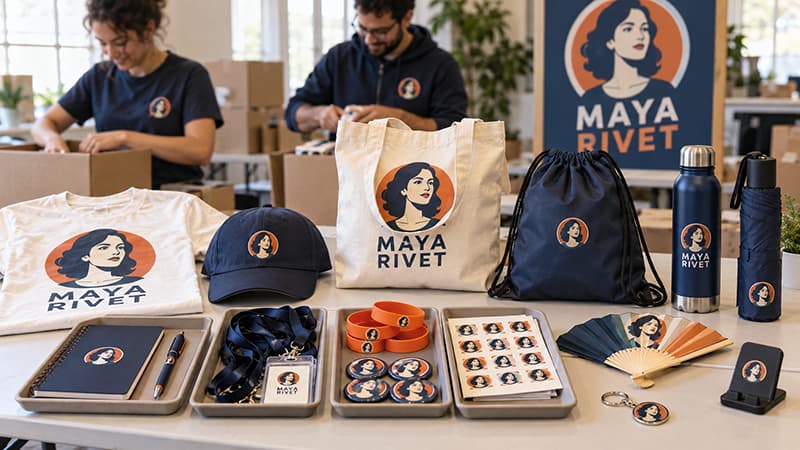 Volunteers packing fifteen types of political campaign merchandise featuring a fictional candidate for election events and field teams.