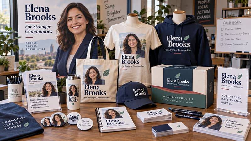 Political merchandise supplier showing custom campaign products, volunteer kits, branded apparel, and promotional materials for election events