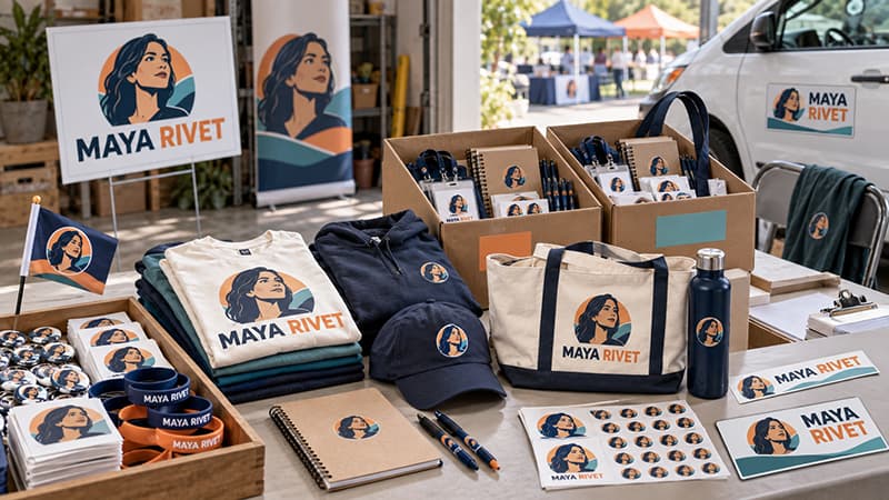 Political merchandise quick picks showing campaign apparel, giveaways, outdoor signs, vehicle graphics, reusable items, and packed volunteer kits.