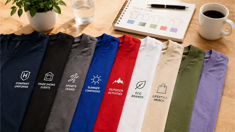 Popular T-shirt colors for custom printing, with branded shirts arranged from dark neutrals to bright and pastel shades