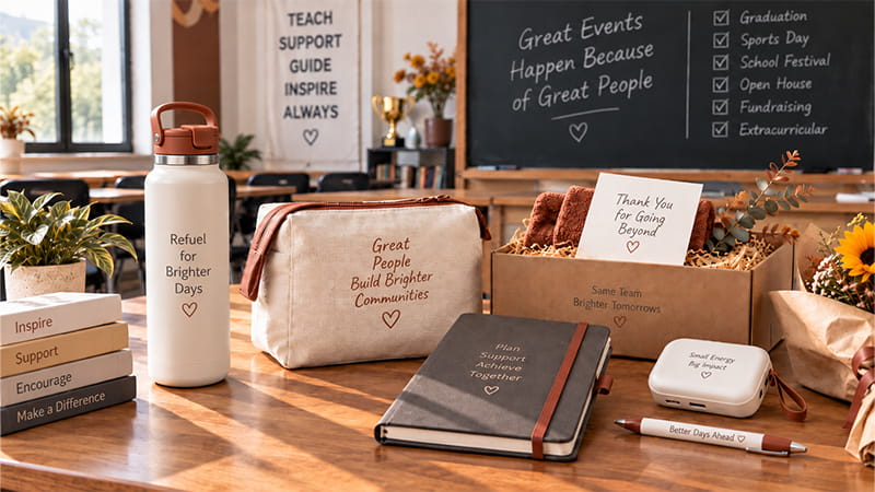 Post-event teacher appreciation gifts with a reusable bottle, pouch, notebook, pen, thank-you card, and gift box.