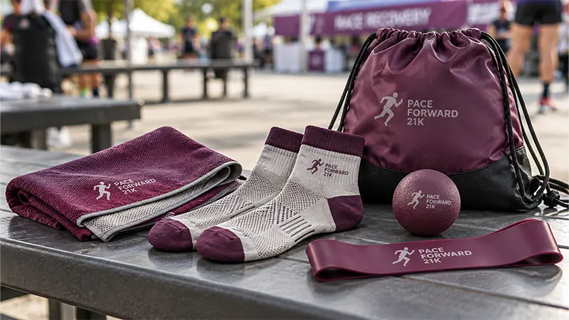 Post-race recovery products including running socks, massage balls, stretch bands, and towels