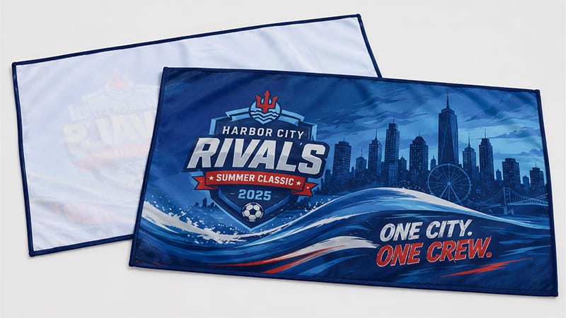 Printed rally towels with sports event graphics and team slogans