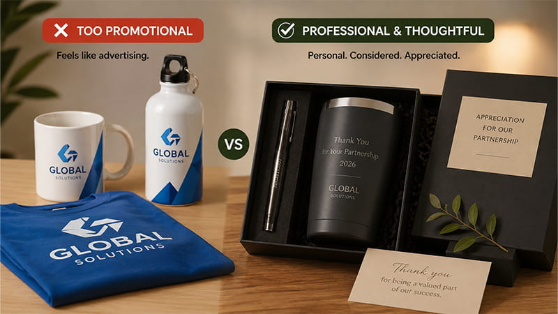 Comparison of oversized promotional branding and subtle professional branding on sponsor appreciation gifts.
