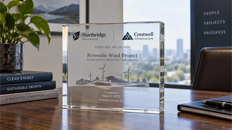 Custom crystal desk piece marking a completed wind-energy project with two company names, project artwork, and a completion date.