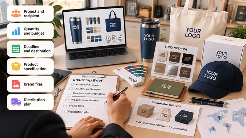 China promotional gift sourcing checklist showing product requirements, custom logo methods, packaging options, and buyer preparation process