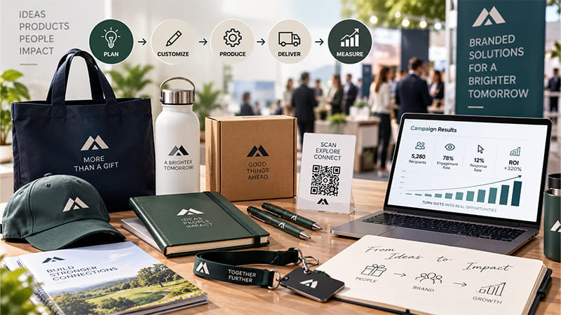 Promotional products shown as part of a planned marketing campaign with QR tracking and measurable results