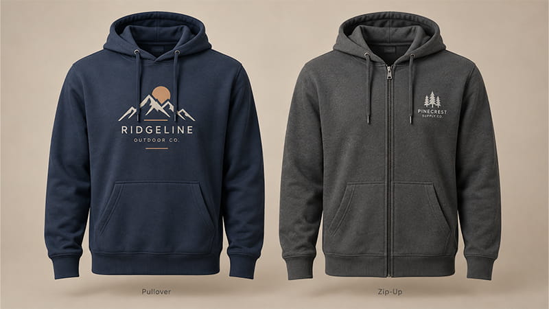 Pullover and zip-up hoodies shown side by side to compare front logo placement and how a zipper changes the usable design area.