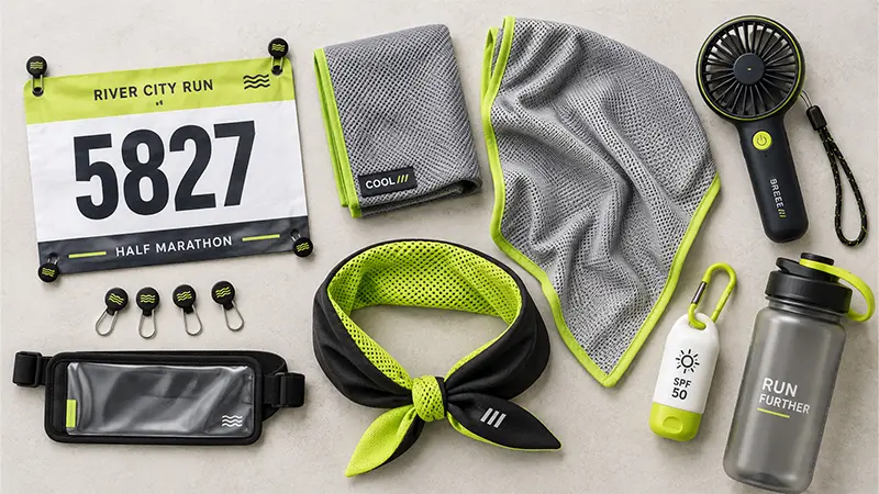 Race day accessories including cooling towel, water bottle, bib clips, and running gear for events