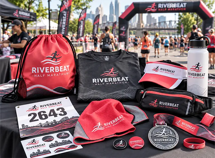Custom race swag bag with running event merchandise including apparel, medals, bags, and accessories