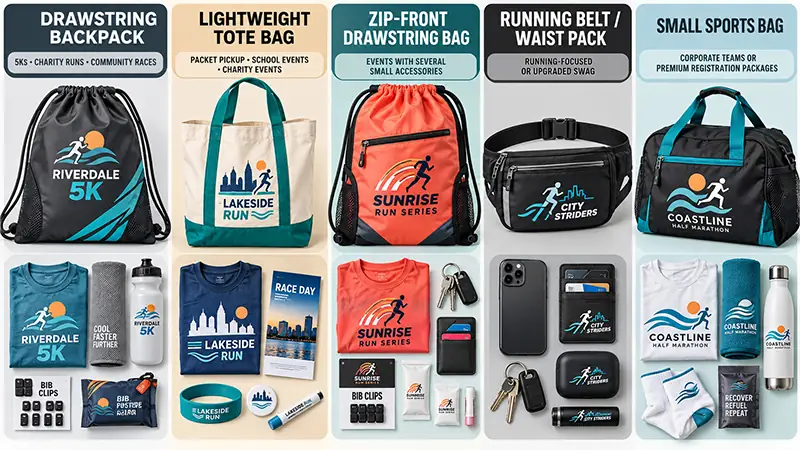 Race swag bag options including drawstring backpacks, tote bags, waist packs, and sports bags