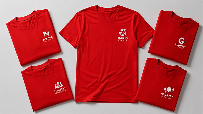 Red custom T-shirts with simple white logos for teams, events, and promotional campaigns