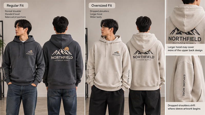Regular-fit hoodie shown from the front and back with a small chest logo, sleeve detail, and larger back graphic.