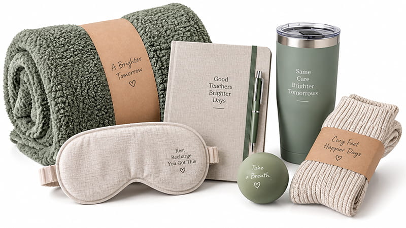 Teacher relaxation and comfort gifts including a soft blanket, journal, sleep mask, insulated tumbler, socks, and a small relaxation accessory.