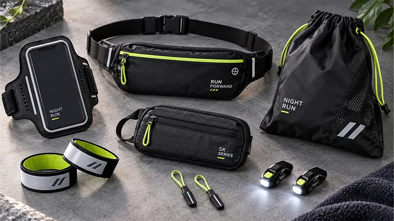 Reusable running accessories including waist packs, phone holders, shoe bags, and reflective gear