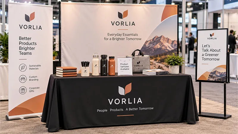 Reusable trade show booth kit with a backdrop, table cover, retractable banner, and A-frame sign