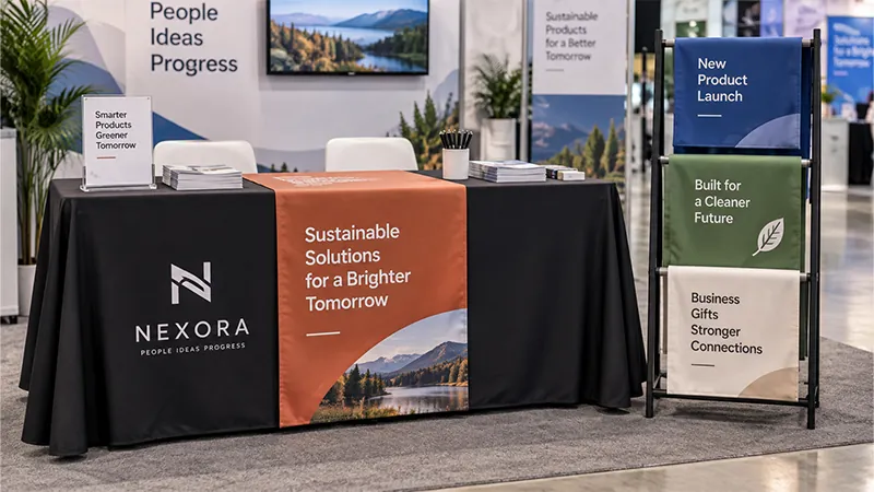Three trade show booth setups using the same table cover with different runners and sign inserts