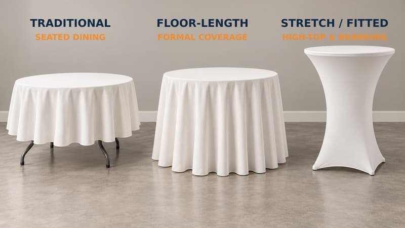 Three event tables showing a mid-length round tablecloth, a floor-length cloth, and a stretch cover on a high-top table.