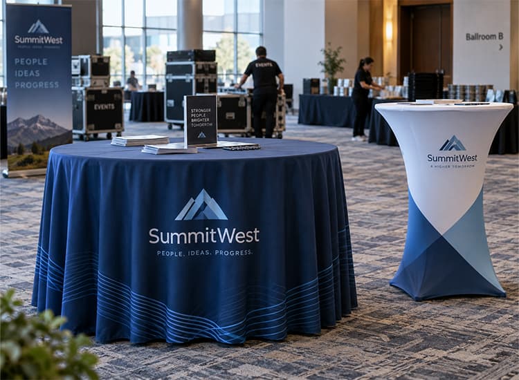 Branded round event table with a loose tablecloth beside a high-top cocktail table with a stretch cover in a conference venue.