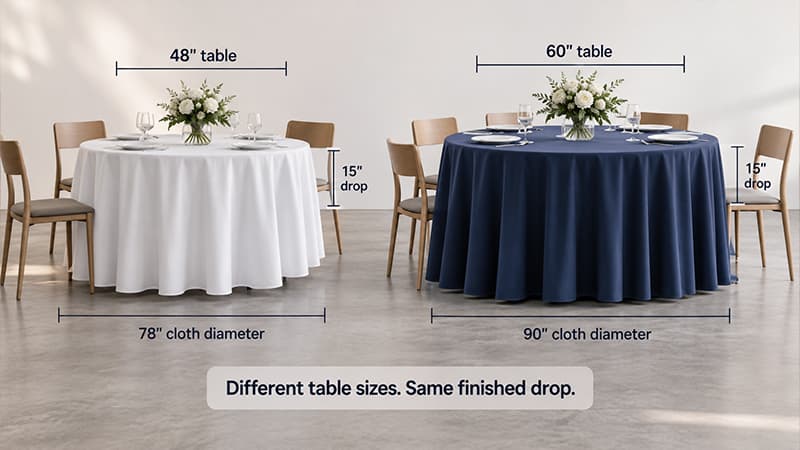 Two seated round tables comparing a 48-inch table with a 78-inch cloth and a 60-inch table with a 90-inch cloth, both showing a 15-inch drop.
