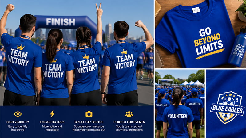 A team wearing royal blue T-shirts at a sports event, with high-contrast logo examples