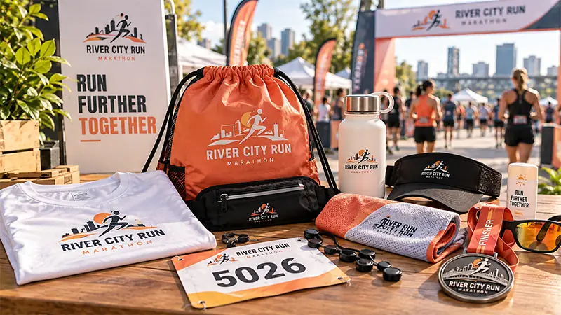 Running event swag bag set with custom shirts, drawstring bags, bottles, towels, and race accessories