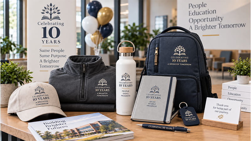 School anniversary gifts with a backpack, jacket, cap, bottle, notebook, keychain, and commemorative staff items marking ten years.